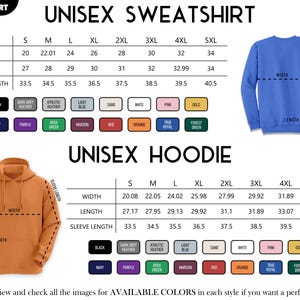 K&ouml;nnte beinhalten: Gr&ouml;&szlig;entabelle f&uuml;r Unisex-Sweatshirts und -Hoodies. Die Tabelle enth&auml;lt Ma&szlig;e f&uuml;r Breite, L&auml;nge und &Auml;rmell&auml;nge in cm. Verf&uuml;gbare Farben sind unter der Gr&ouml;&szlig;entabelle aufgef&uuml;hrt, einschlie&szlig;lich Schwarz, Marineblau und Lila.