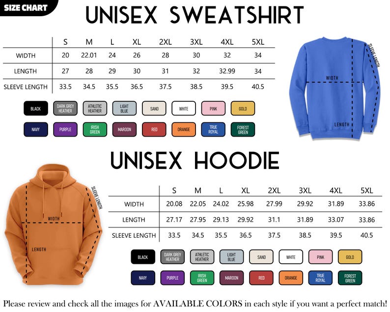 K&ouml;nnte beinhalten: Gr&ouml;&szlig;entabelle f&uuml;r Unisex-Sweatshirts und -Hoodies. Die Tabelle enth&auml;lt Ma&szlig;e f&uuml;r Breite, L&auml;nge und &Auml;rmell&auml;nge in cm. Verf&uuml;gbare Farben sind unter der Gr&ouml;&szlig;entabelle aufgef&uuml;hrt, einschlie&szlig;lich Schwarz, Marineblau und Lila.