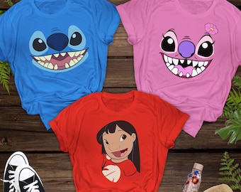 T-shirt assorti Costume grand visage Disney Lilo & Stitch 2026, chemise couple Disney Stitch et ange, chemise familiale assortie Disneyland, t-shirt WDW