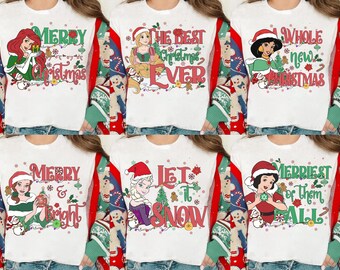Camiseta navideña con frase de las princesas Disney, camiseta navideña de las princesas Jasmine, Ariel y Bella, regalos navideños para chicas de Disney.
