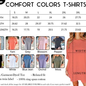 K&ouml;nnte beinhalten: Gr&ouml;&szlig;entabelle f&uuml;r Comfort Colors T-Shirts mit Ma&szlig;en f&uuml;r Breite, L&auml;nge und &Auml;rmell&auml;nge von S bis 4XL. Verf&uuml;gbare Farben sind Ivory, Yam, Grey, Blossom, Pepper, Black, White, Blue Jean, Orchid und Moss. Ma&szlig;e in Zoll.