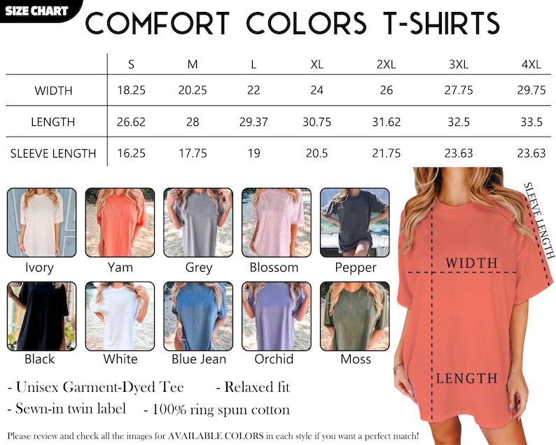 K&ouml;nnte beinhalten: Gr&ouml;&szlig;entabelle f&uuml;r Comfort Colors T-Shirts mit Ma&szlig;en f&uuml;r Breite, L&auml;nge und &Auml;rmell&auml;nge von S bis 4XL. Verf&uuml;gbare Farben sind Ivory, Yam, Grey, Blossom, Pepper, Black, White, Blue Jean, Orchid und Moss. Ma&szlig;e in Zoll.