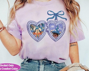 Disney Mickey Sorcerer Locket Heart Coquette Bow T-Shirt, Disney Matching Family Shirt, Mickey Fantasia Fantasmic Hollywood Studios Trip Tee