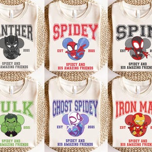 マーベル スパイダーマンと彼の素晴らしい仲間たちのポートレート お揃いグループTシャツ、スパイダーマン バースデーシャツ、ディズニーランド バースデー お揃いファミリーシャツ