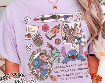 Disney Lilo & Stitch 2026 Ohana signifie famille T-shirt, chemise Disney Stitch et ange, chemise familiale assortie Disneyland, tenues cadeau voyage WDW