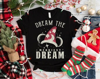 Disney Mickey Sorcerer Hat Dream The Merriest Dream Christmas Shirt ,Disney Matching Family Tee, Christmas Fantasmic Hollywood Studios Trip