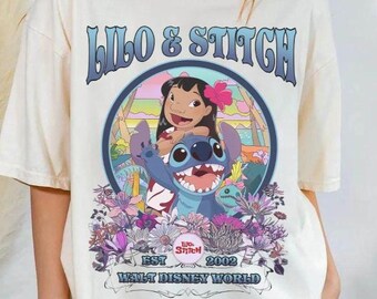 T-shirt rétro fleuri film Disney Lilo & Stitch 2026, chemise Disney Stitch et ange, chemise familiale assortie Disneyland, tenues cadeau voyage WDW