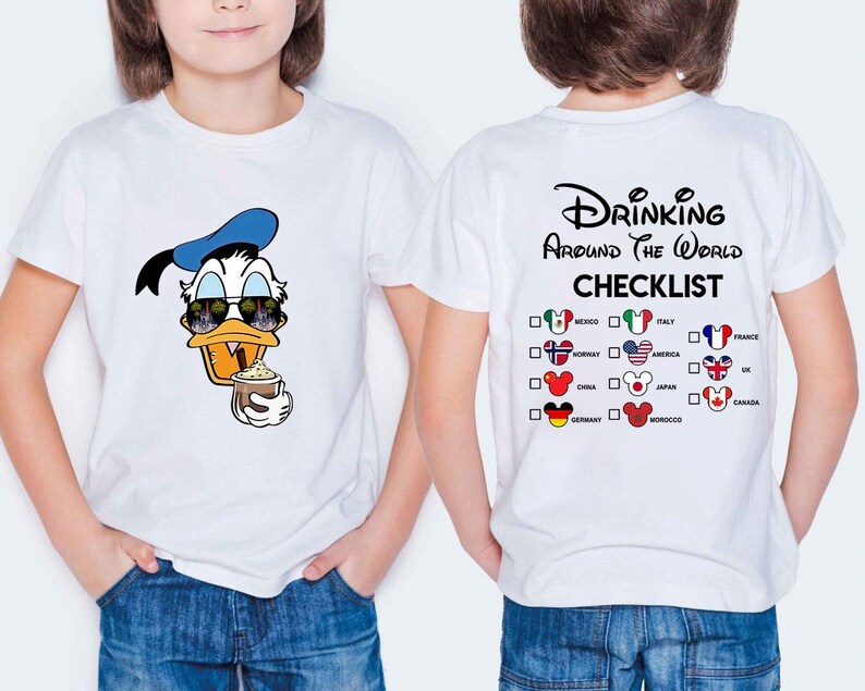 May include: White t-shirt featuring a cartoon Donald Duck wearing sunglasses and a blue hat, holding a drink. The back of the shirt has the text "Drinking Around The World Checklist" with country flags.