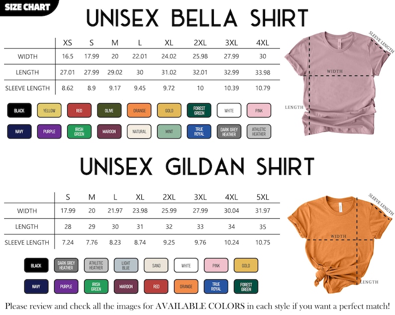 K&ouml;nnte beinhalten: Eine Gr&ouml;&szlig;entabelle f&uuml;r Unisex Bella und Gildan Shirts, die Ma&szlig;e in Zoll f&uuml;r Breite, L&auml;nge und &Auml;rmell&auml;nge anzeigt. Farbmuster umfassen Schwarz, Gelb, Rot, Olive, Orange, Gold und mehr. Der Text lautet: "Bitte &uuml;berpr&uuml;fen Sie alle Bilder auf VERF&Uuml;GBARE FARBEN in jedem Stil, wenn Sie eine perfekte &Uuml;bereinstimmung w&uuml;nschen!"