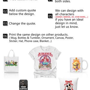 K&ouml;nnte beinhalten: Das Bild zeigt anpassbare Produkte: eine Tragetasche, ein T-Shirt, eine Tasse, eine Handyh&uuml;lle und ein Kissen. Das T-Shirt hat ein "ARIEL"-Design. Der Text weist auf Sonderbestellungen und individuelle Designoptionen hin.