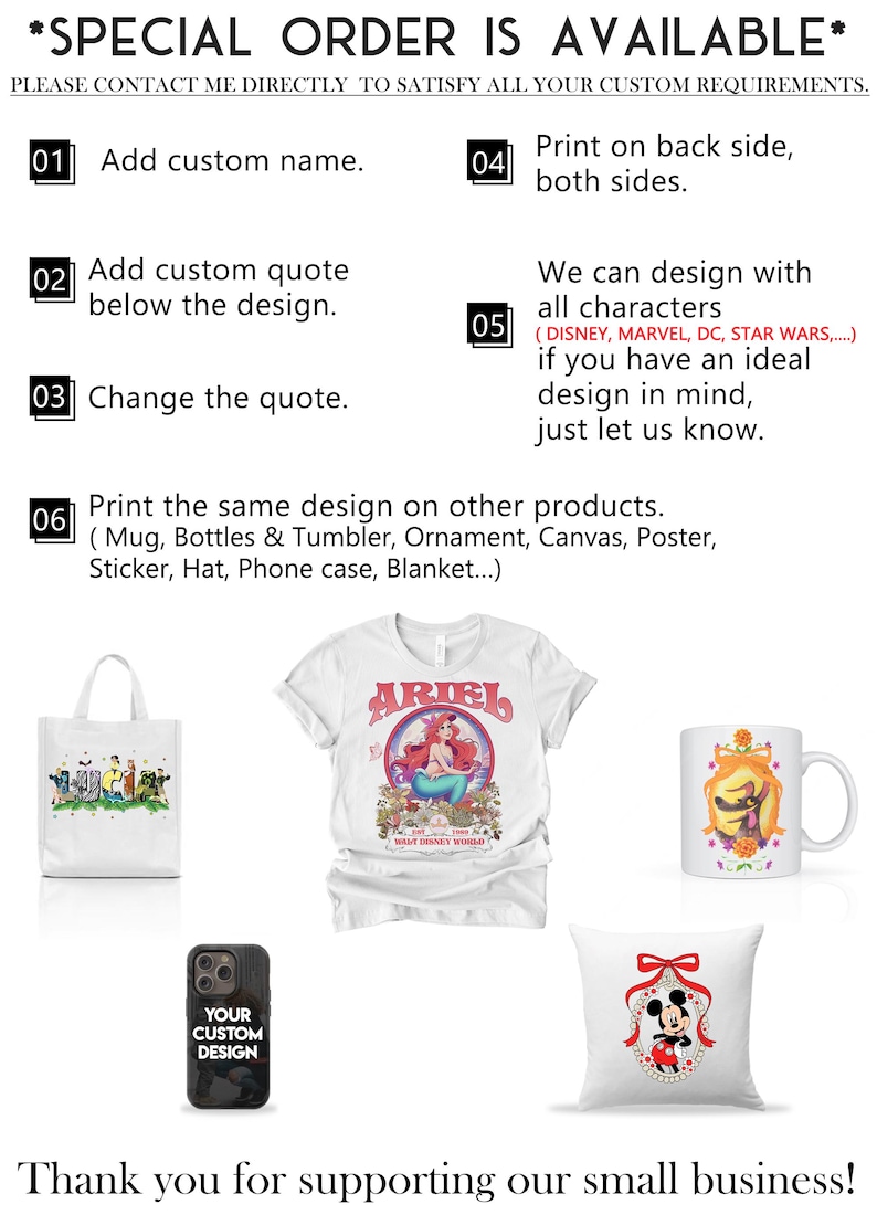 K&ouml;nnte beinhalten: Das Bild zeigt anpassbare Produkte: eine Tragetasche, ein T-Shirt, eine Tasse, eine Handyh&uuml;lle und ein Kissen. Das T-Shirt hat ein "ARIEL"-Design. Der Text weist auf Sonderbestellungen und individuelle Designoptionen hin.