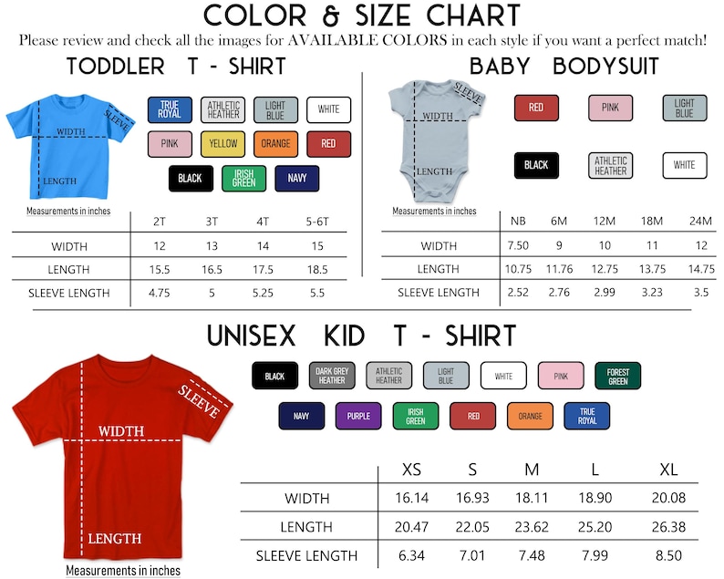 K&ouml;nnte beinhalten: Eine Farb- und Gr&ouml;&szlig;entabelle f&uuml;r T-Shirts f&uuml;r Kleinkinder, Baby-Bodysuits und Unisex-Kinder-T-Shirts. Die Tabelle zeigt die verf&uuml;gbaren Farben, darunter True Royal, Pink und Black. Die Ma&szlig;e sind in Zoll angegeben.