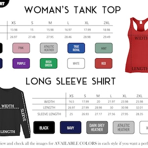 K&ouml;nnte beinhalten: Eine Gr&ouml;&szlig;entabelle f&uuml;r Damen-Tanktops und Langarmshirts. Die Tabelle zeigt die Ma&szlig;e f&uuml;r Breite, L&auml;nge und &Auml;rmell&auml;nge in Zoll. Verf&uuml;gbare Farben sind aufgef&uuml;hrt, darunter Schwarz, Pink, Navy und Wei&szlig;.