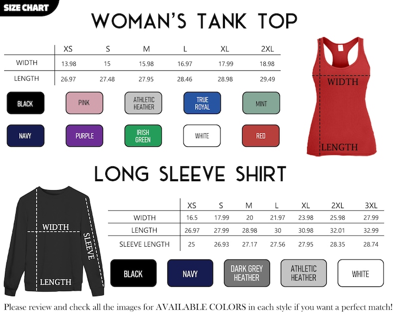 K&ouml;nnte beinhalten: Eine Gr&ouml;&szlig;entabelle f&uuml;r Damen-Tanktops und Langarmshirts. Die Tabelle zeigt die Ma&szlig;e f&uuml;r Breite, L&auml;nge und &Auml;rmell&auml;nge in Zoll. Verf&uuml;gbare Farben sind aufgef&uuml;hrt, darunter Schwarz, Pink, Navy und Wei&szlig;.