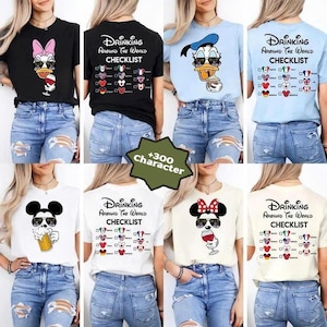 May include: Assorted t-shirts featuring Disney characters with sunglasses, holding drinks. Designs include Daisy Duck, Donald Duck, Mickey Mouse, and Minnie Mouse. Each shirt has the text "Drinking Around the World Checklist" on the back.