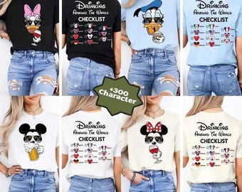 Mickey and Friends Drinking Around The world Checklist T-Shirts, Disneyland Trip Matching Family Shirt, WDW Epcot World Tour Matching Shirt