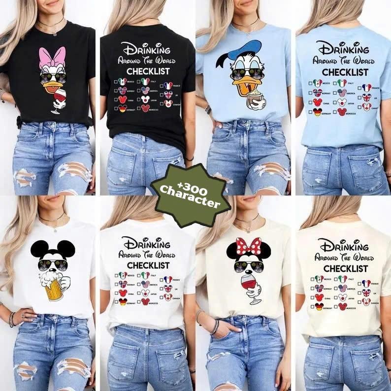 May include: Assorted t-shirts featuring Disney characters with sunglasses, holding drinks. Designs include Daisy Duck, Donald Duck, Mickey Mouse, and Minnie Mouse. Each shirt has the text "Drinking Around the World Checklist" on the back.
