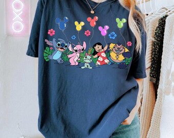T-shirt ballons personnages Lilo & Stitch Disney, chemise Disney Stitch et ange, chemise familiale assortie Disneyland, tenue cadeau voyage WDW 2026