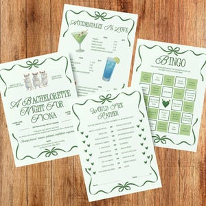 May include: Four printed paper sheets with green decorative borders and text. One sheet reads "A Bachelorette Night for Fiona" with cartoon mice. Another lists cocktail recipes. A third is a "Would She Rather" game, and the last is a "Bingo" game.