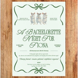 May include: A green and white bachelorette party invitation with a whimsical design. The invitation features three cartoon mice wearing sunglasses and holding cocktails. Text includes event details and RSVP information.