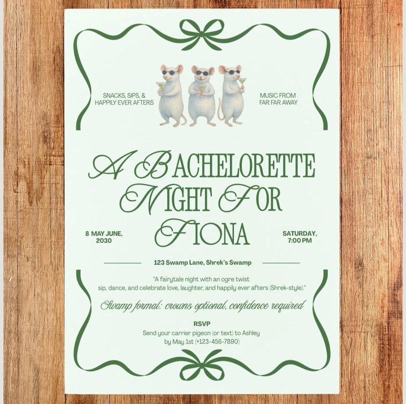 May include: A green and white bachelorette party invitation with a whimsical design. The invitation features three cartoon mice wearing sunglasses and holding cocktails. Text includes event details and RSVP information.