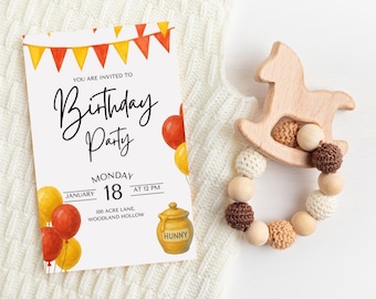 Winnie The Pooh Birthday Invitation Editable Red Yellow Party Invite Classic Pooh Baby First Birthday Instant Download Digital Template