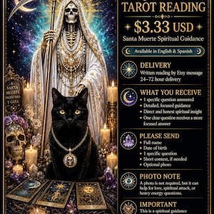 Puede incluir: Un gráfico digital que muestra una figura esquelética con túnica blanca sosteniendo una guadaña, un gato negro con un colgante de calavera y tres cartas de tarot etiquetadas como The Moon, The Star y The Sun. El texto incluye 1 Question Tarot Reading y Tarot El Gato Negro.