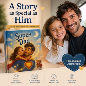 Könnte beinhalten: Ein personalisiertes Pappbilderbuch zum Vatertag mit dem Titel "Super Dad". Das Cover zeigt eine Illustration von Vater und Kind. Das Design enthält den Text "Eine Geschichte, so besonders wie er" und "Personalisiert nur für ihn."