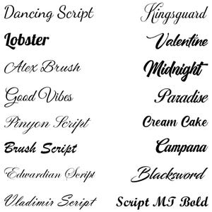 Puede incluir: Un fondo blanco muestra una colecci&oacute;n de varias fuentes de escritura negras. Las fuentes incluyen "Dancing Script", "Lobster", "Alex Brush", "Good Vibes", "Pinyon Script", "Brush Script", "Edwardian Script" y "Vladimir Script".