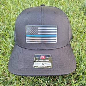 Thin Blue Line Flag Hat | Richardson 112 | Acrylic Patch Flag Hat | Trucker Hat | USA Flag | Patriotic Hat | USA Hat | Police Thin Blue Line