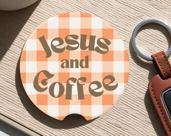 Jesus and Coffee Orange Gingham Car Coaster Gift for Women Faith Birthday Present for Friend Gift Idea Cute Car Accessory Unique Faith Gift