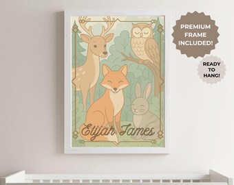Woodland Animals Personalized Nursery Wall Art Framed Baby Boy Room Decor Woodland Nursery Custom Name Poster Gift for Kids or Toddlers