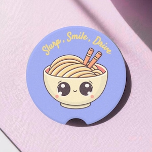 Kawaii Ramen Car Coaster Cute Anime Foodie Gift For Women Funny Noodle Lover Accessory Slurp Smile Drive Ceramic Cup Holder Insert