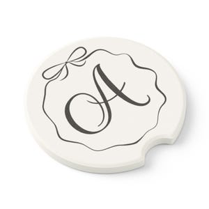Personalized Bow Monogram Car Coaster Custom Initial Car Accessories for Women Cute Black and White Soapstone Coaster for Cup Holder image 3