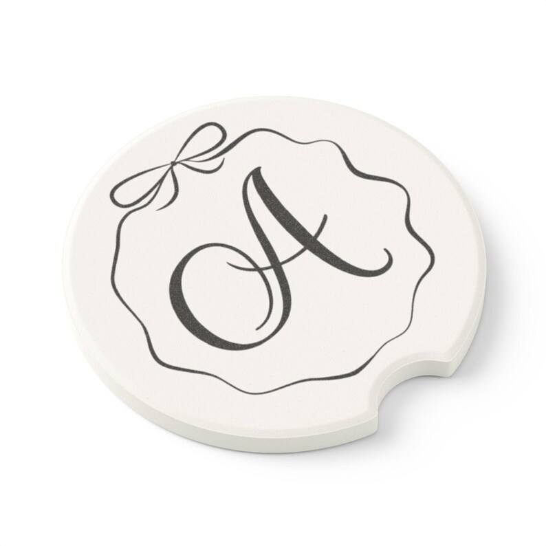 Personalized Bow Monogram Car Coaster Custom Initial Car Accessories for Women Cute Black and White Soapstone Coaster for Cup Holder image 3