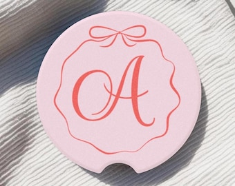 Initial Car Coaster Soapstone Cup Holder Accessory for Drink Cute Bow Monogram Gift for Graduate Present for New Car Preppy Decor Gift