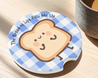 Bread of Life Gingham Car Coaster Cute Kawaii Gift for Women Faith Birthday Present for Friend Gift Idea Car Accessory Unique Faith Gift