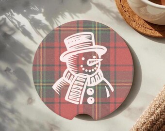Vintage Snowman Car Coaster Plaid Christmas Soapstone Cup Holder Absorbent Frosty Gift Stocking Stuffer Secret Santa Holiday Decor