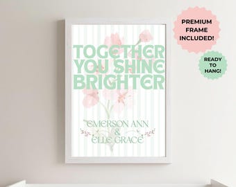 Twin Nursery Decor Floral Personalized Wall Art Baby Girl Mint Green Nursery Wooden Frame Bedroom Wall Decoration Baby Shower Gift Idea