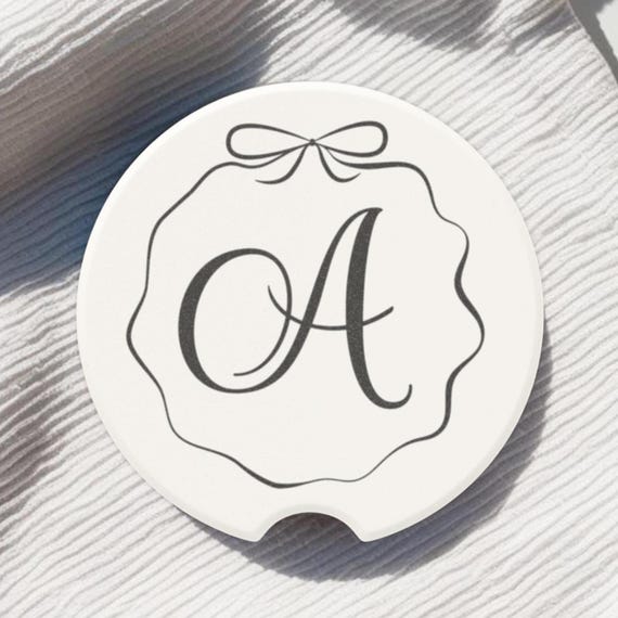 Personalized Bow Monogram Car Coaster Custom Initial Car Accessories for Women Cute Black and White Soapstone Coaster for Cup Holder