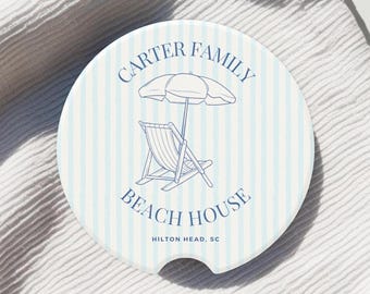 Personalized Beach House Car Coaster Absorbent Stone Cup Holder Insert Coastal Car Decor Gift for Beach Lovers Blue and White Car Accessory