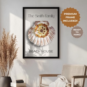 Personalized Beach House Wall Art Framed Coastal Decor With Seashell Custom Family Name Print Vacation Home Gift Ready To Hang Beach Poster