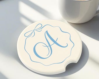 Personalized Monogram Car Coaster With Blue Bow Initial Custom Gift For Her Cute Coquette Aesthetic Car Accessories Bridesmaid Gift