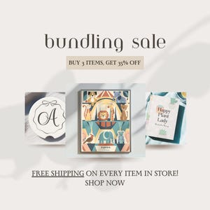 May include: A sale banner with the text "bundling sale" and "BUY 3 ITEMS, GET 35% OFF". Three products are shown: a white coaster with the letter "A", a colorful illustration of a circus with animals, and a book with the title "Happy Plant Lady". The banner also says "FREE SHIPPING ON EVERY ITEM IN STORE! SHOP NOW".