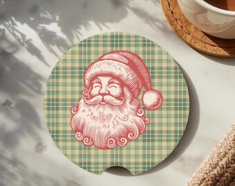 Vintage Santa Car Coaster Plaid Christmas Soapstone Cup Holder Absorbent Retro Santa Gift Stocking Stuffer Secret Santa Holiday Decor
