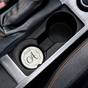 Personalized Bow Monogram Car Coaster Custom Initial Car Accessories for Women Cute Black and White Soapstone Coaster for Cup Holder image 5