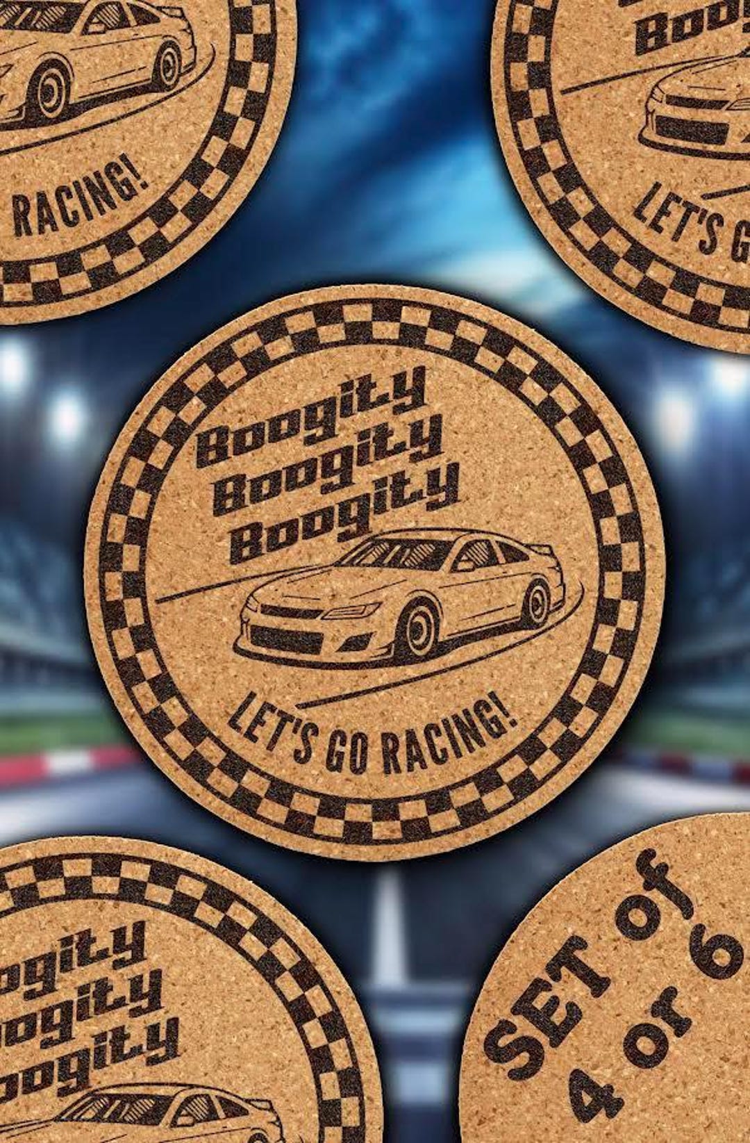 Boogity Boogity Let's Go Racing! Engraved Cork Coasters | Set of 4 or 6 ...