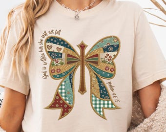 Christian Patchwork Coquette Bow Shirt, Psalm 46:5 Scripture T-shirt, Fall Christian Faith Sweatshirt, Bible Verse Tee, Jesus Lover Gift Tee