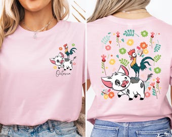 Benutzerdefinierte Moana Pua Hei Hei Shirt, Moana Hei Hei Huhn T-Shirt, Disney Blumen Moana Shirt, Prinzessin Moana Mädchen Reise T-Shirt, Disneyland Urlaub T-Shirt