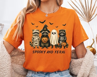 Maglietta con procione spettrale e selvaggio, maglietta di Halloween con procione, felpa di Halloween con procione stregonesco, maglietta autunnale vintage, maglietta con zucca per la stagione spettrale